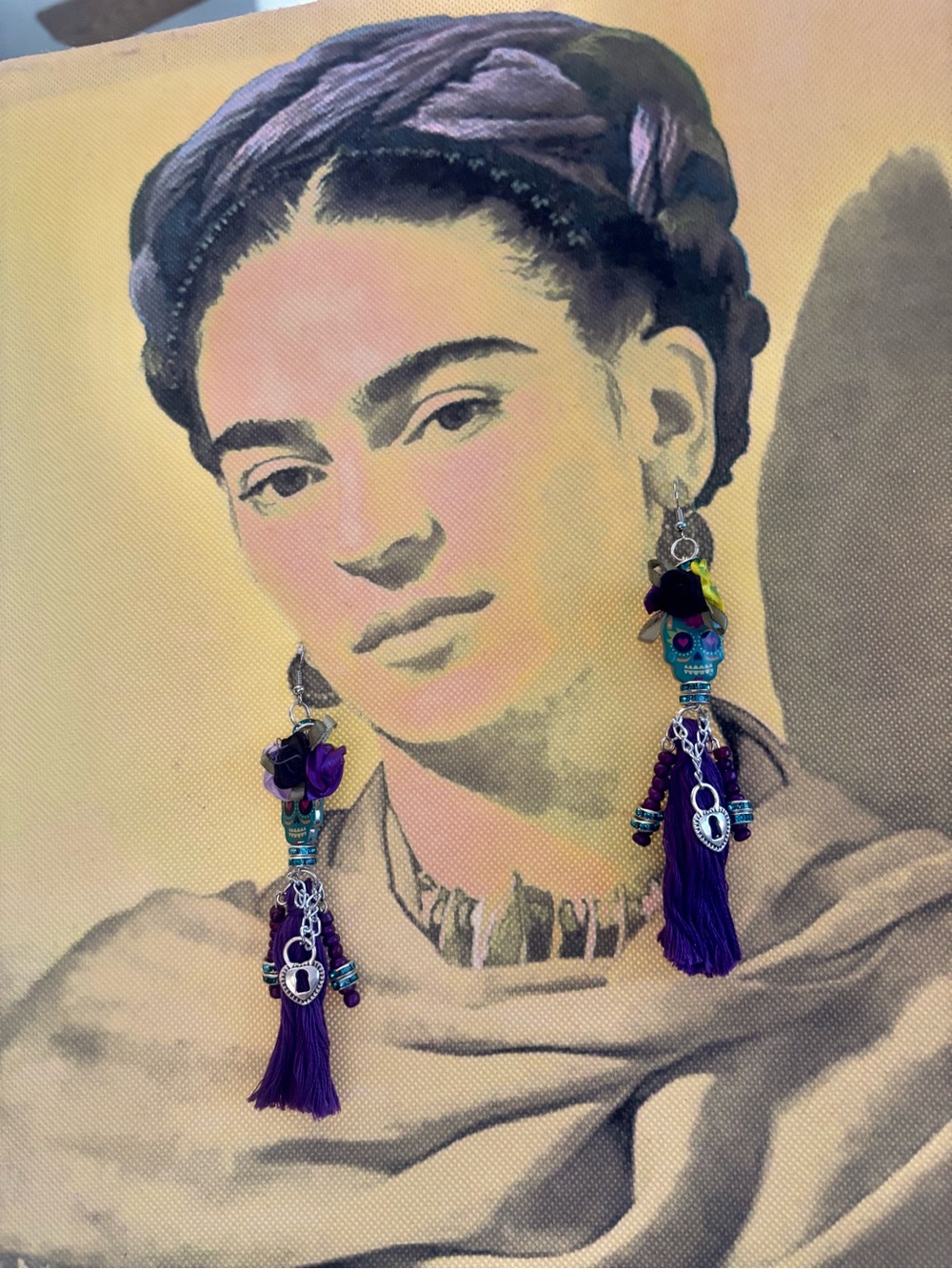 Purple Sugar Skull Tassel Earrings -